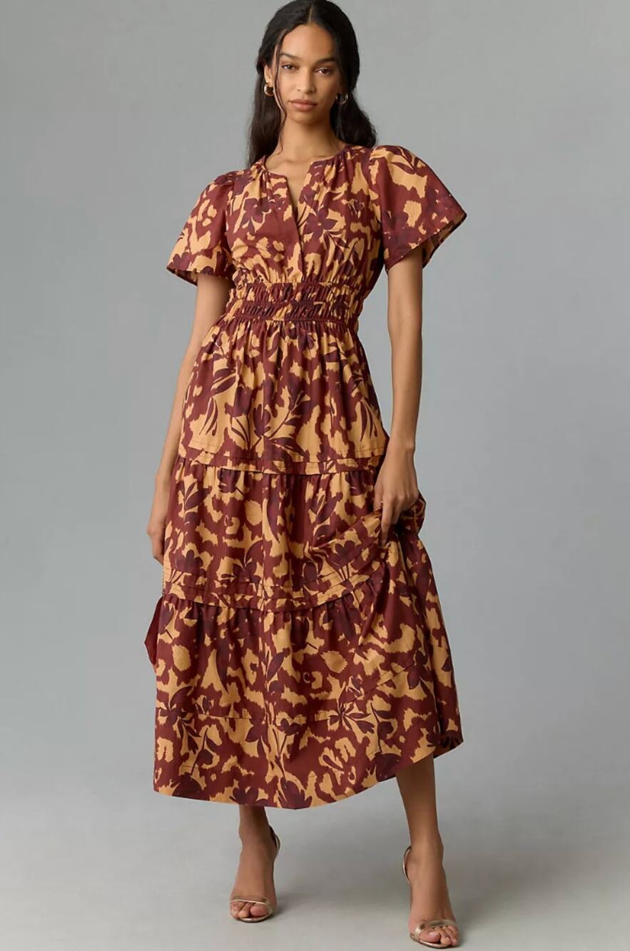 Anthropologie The Somerset Maxi Dress Cedar Brown Floral Cotton XS
